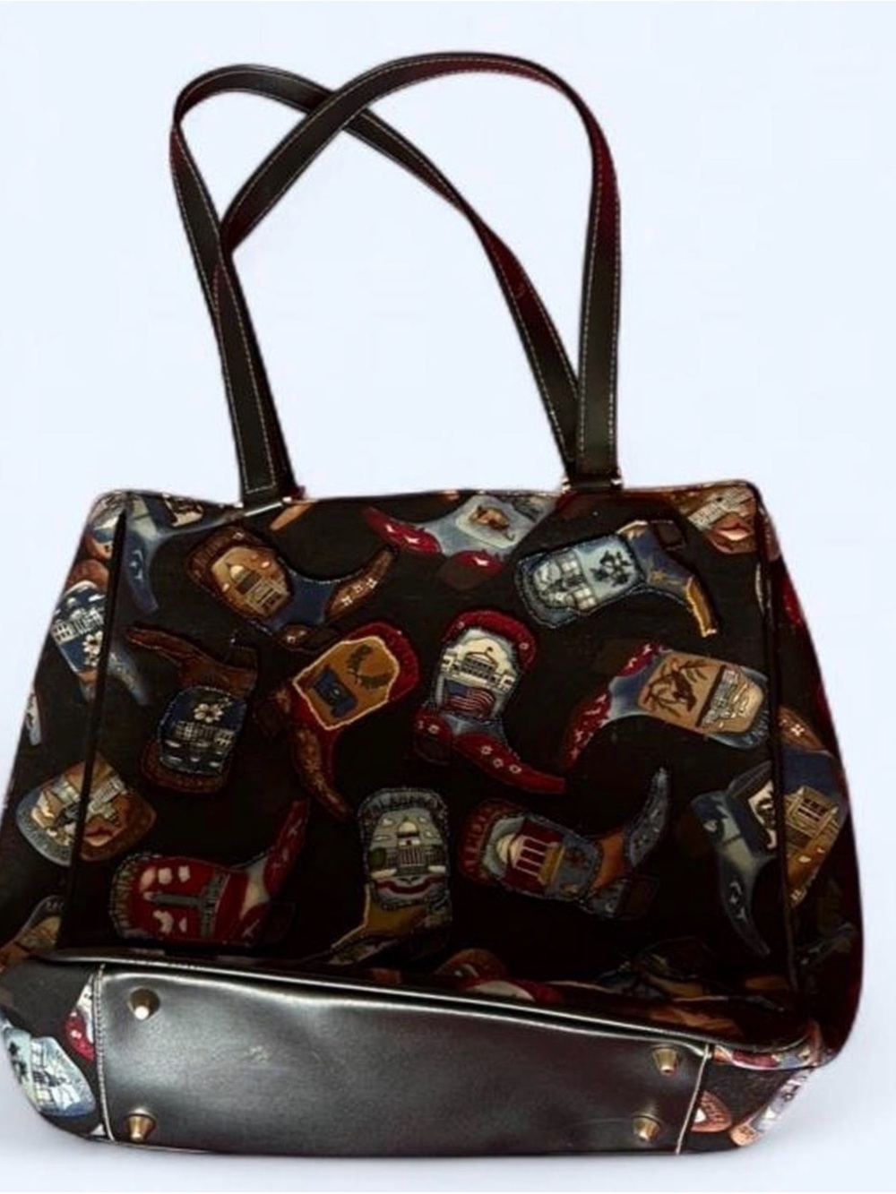Black Patterned Tote Bag with Colorful Western Boot Motif